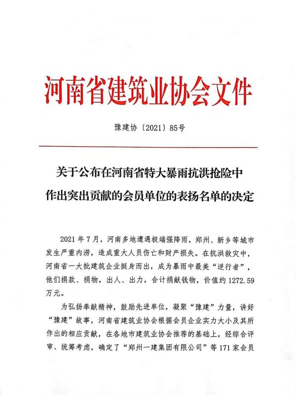   公司獲得省建協(xié)“抗洪救災(zāi)作出突出貢獻單位”